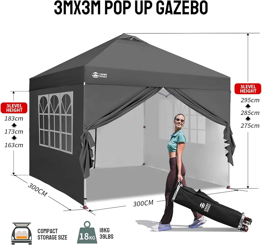Pop Up Gazebo with 4 Sides, 3m x 3m Waterproof Tent